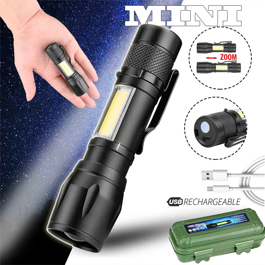 Mini Lanterna De Carga USB LED COB + XPE Camping Com Portátil Foco Zoomable Tática Clipe De Caneta BM-8400