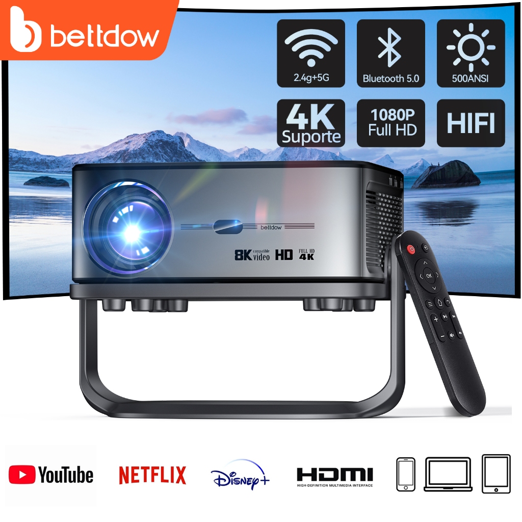 BETTDOW Projetor com Suporte 2.4/5G WIFI 16000LM 1080P Full HD Projetor com 2 alto-falantes Projetor de Home Theater