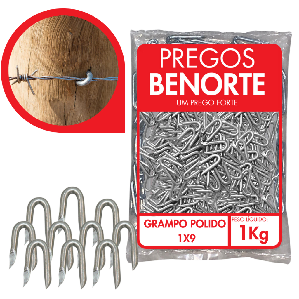1KG Grampo Para Cerca Arame Farpado Liso Aroeira 1x9 Aço Polido Benorte Resistente 200 Unidades