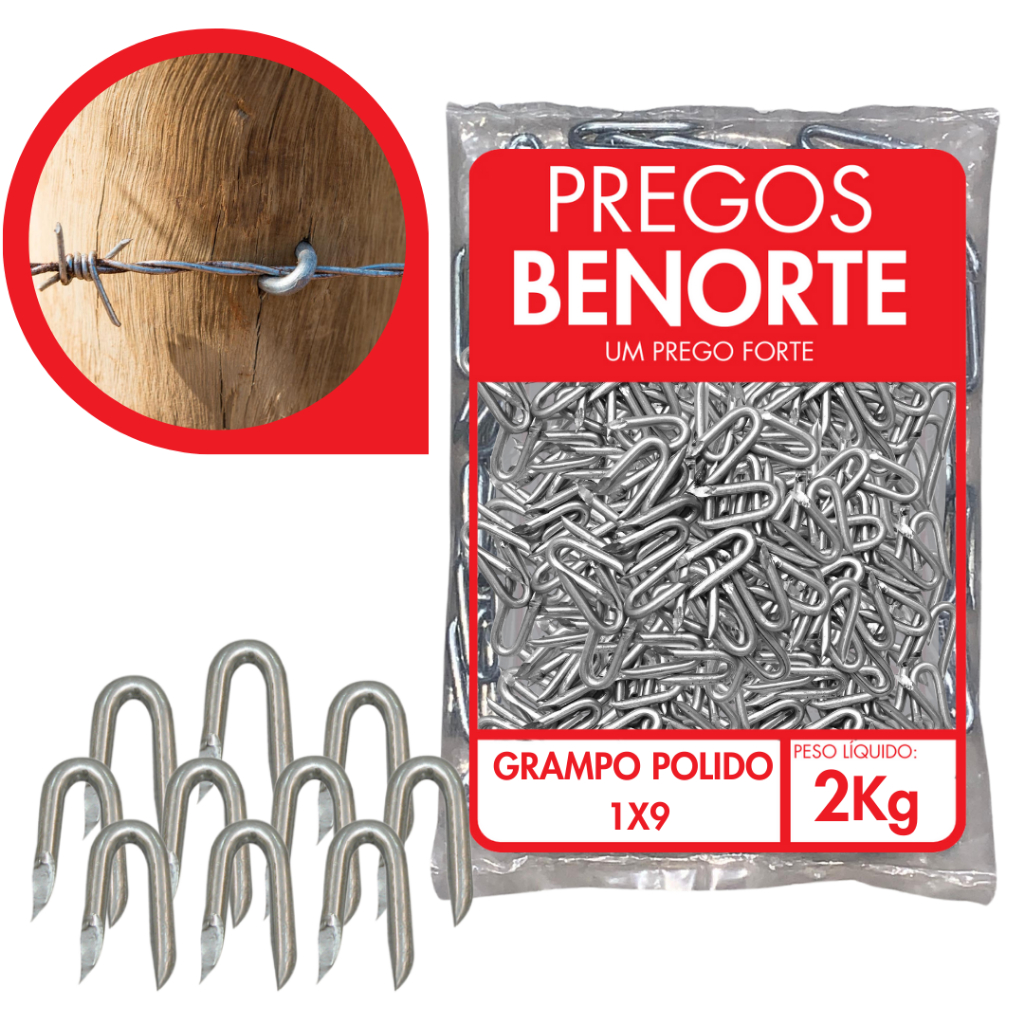 2KG Grampo Para Cerca Arame Farpado Liso Aroeira 1x9 Aço Polido Benorte Resistente 400 Unidades