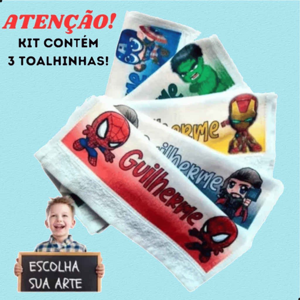 Kit 3 Toalhinhas Infantil Nome Estampa Escola Creche Aula