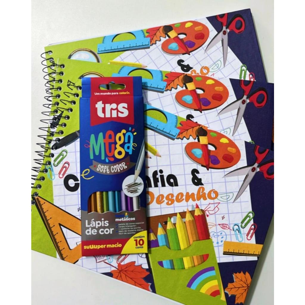 Kit com 3 Caderno de Desenho Cartografia Capa Dura 96 Folhas de alta Qualidade + Kit 10 lapis Reforçado