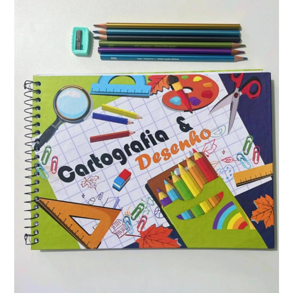 Caderno de Cartografia Desenho Capa Dura 96 Folhas de alta Qualidade + Kit 10 lapis Reforçado Envio Rapido