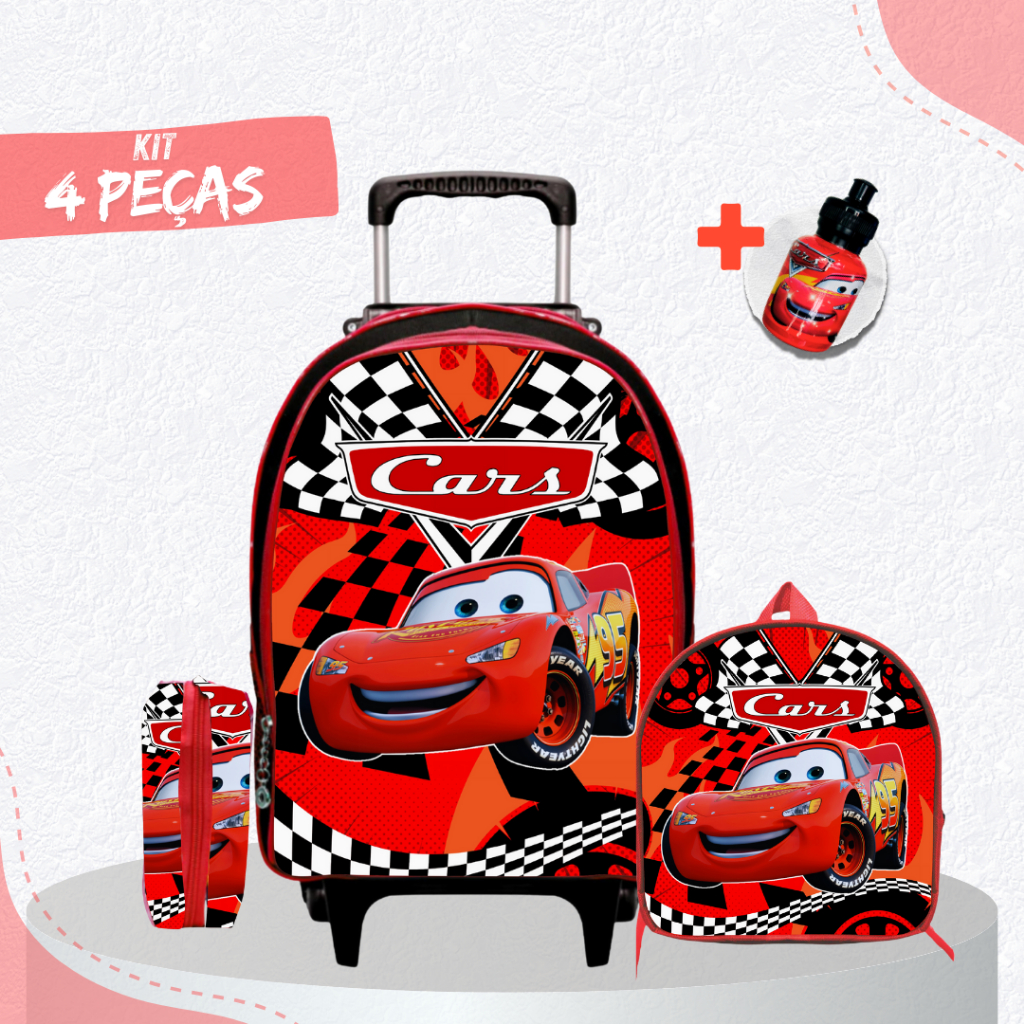 Mochila Escolar Carros com Lancheira e Estojo - Rodinhas - Menino - Masculino