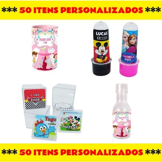 Kit Festa Infantil Personalizado 50 Itens Lembrancinhas Caixinhas Acrílicas 5x5 Mini Tubetes Garrafinhas e Cofrinhos