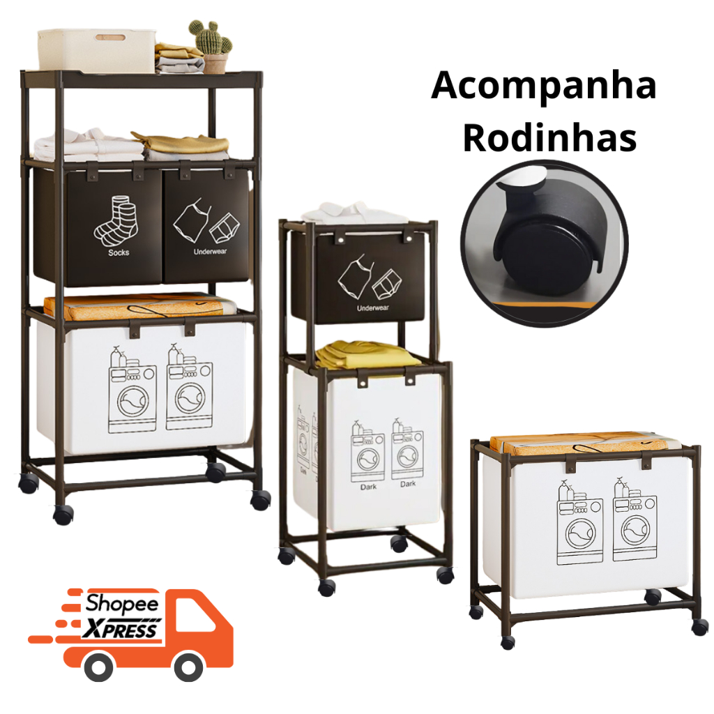 Cesto de Roupas Sujas Triplo Duplo ou Simples Móvel Com RODAS Lavanderia Banheiro Organiza...