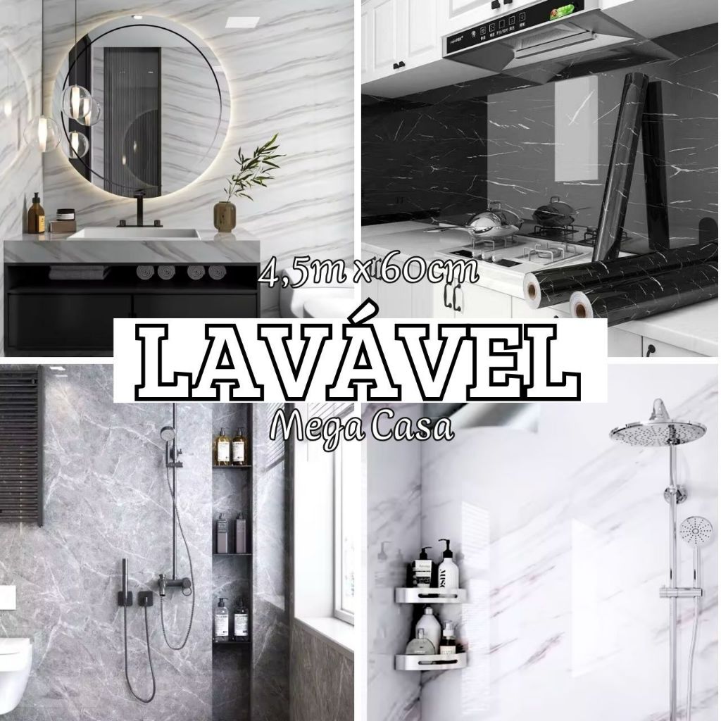 Papel de Parede Lavável Mármore Preto 4,5 metros x 60cm Brilhante