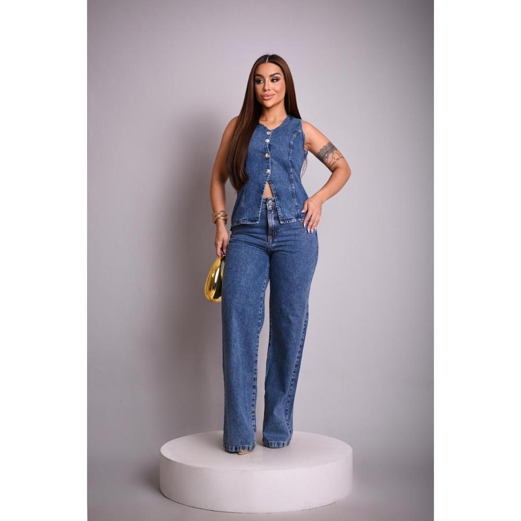 Conjunto Jeans Enny Feminino Verão Calça Wide Leg e Colete Collen Elegante e Sofisticado em Oferta na Shopee