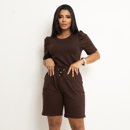 Conjunto de Bermuda Moletinho Premium Blusa Manga Princesa Elegante Feminino