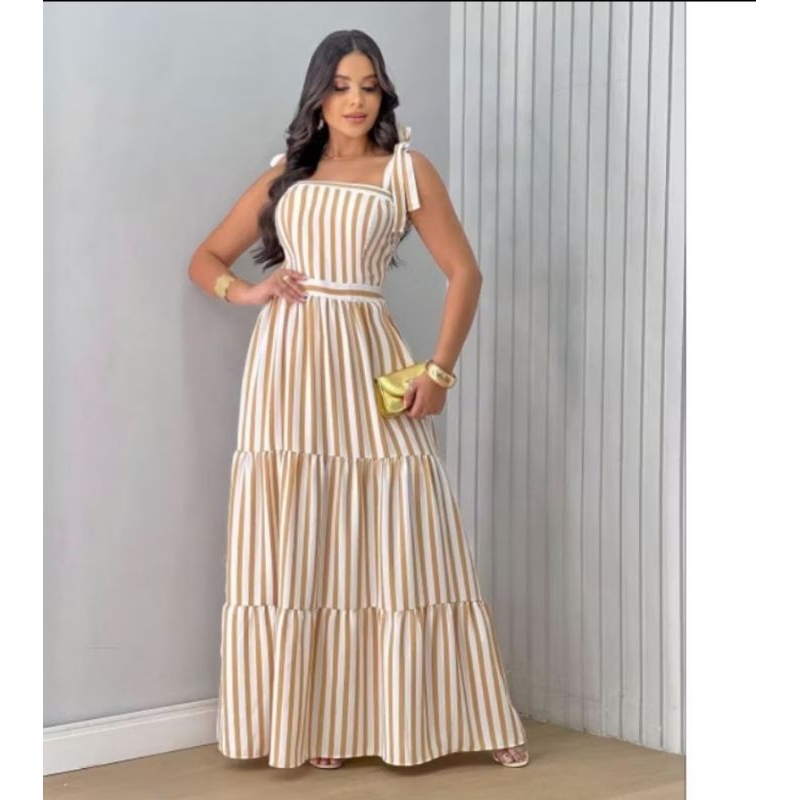 Vestido longo estampado listrado Amarra Alça, moda luxo feminina, casual e elegante, lançamento verão 2025