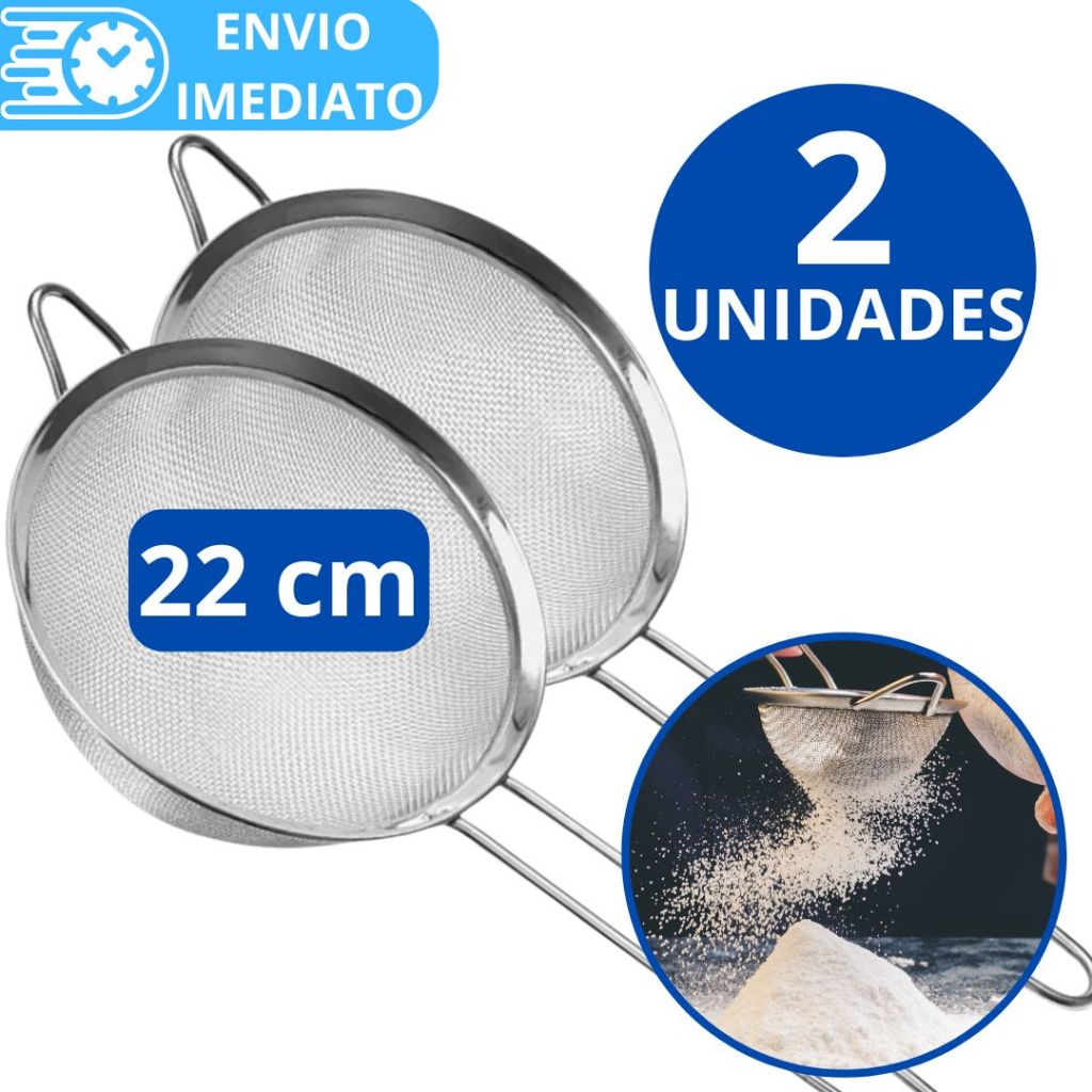 KIT Jogo 2 Peneira Coador GRANDE 22cm 10cm  Aço Inox Premium para Cozinha Casa Restaurante Doce Sobremesa Óleo Farinha
