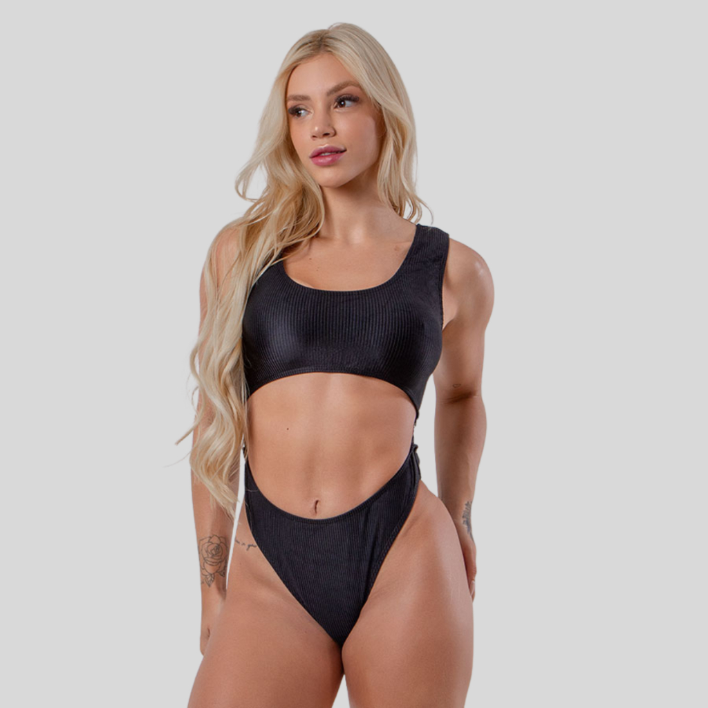 Maiô Body Ribana Brilhoso Cavado com Argolinha Moda Praia