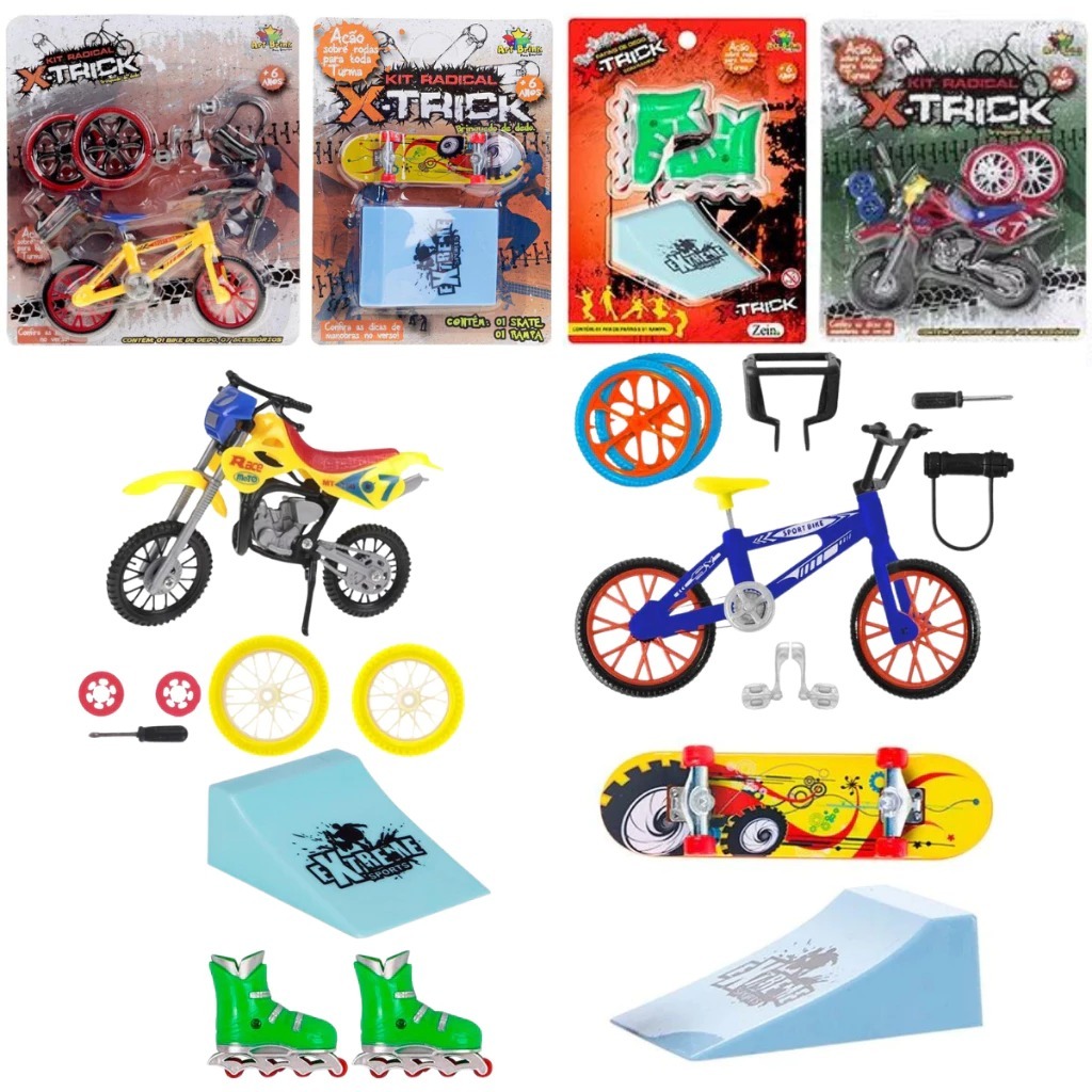 Combo com 4 brinquedos (Skate de dedo com rampa + patins de dedo com rampa + Bicicleta e moto