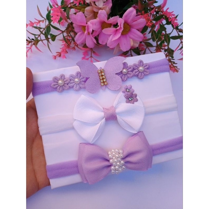 Kit 3 Laços infantil na Faixinha Tiara meia de Seda para bebê menina/Flores é Borboleta é Pérolas em Oferta na Shopee