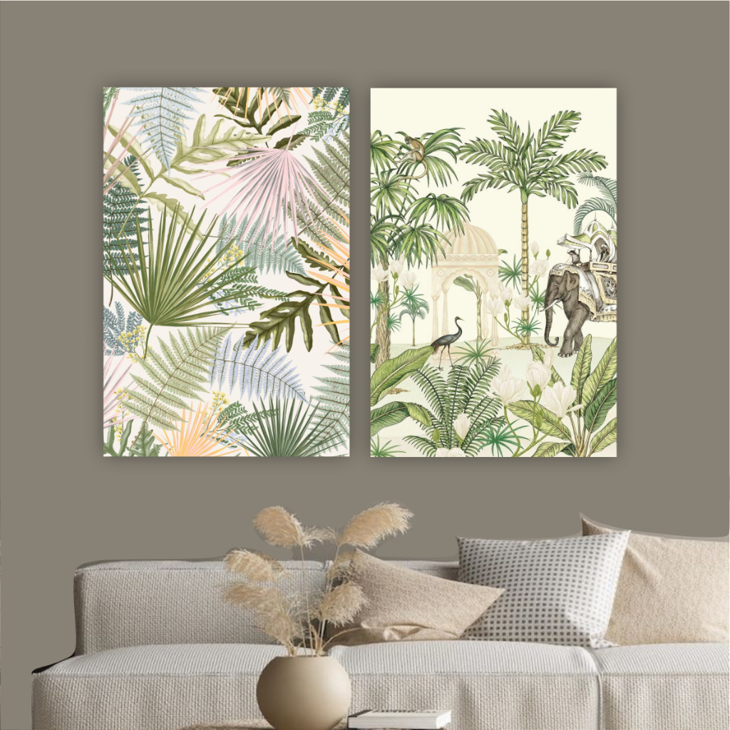 Quadro decorativo animais savana folhagem palmeira elefante aves coqueiro decoração para sala quarto