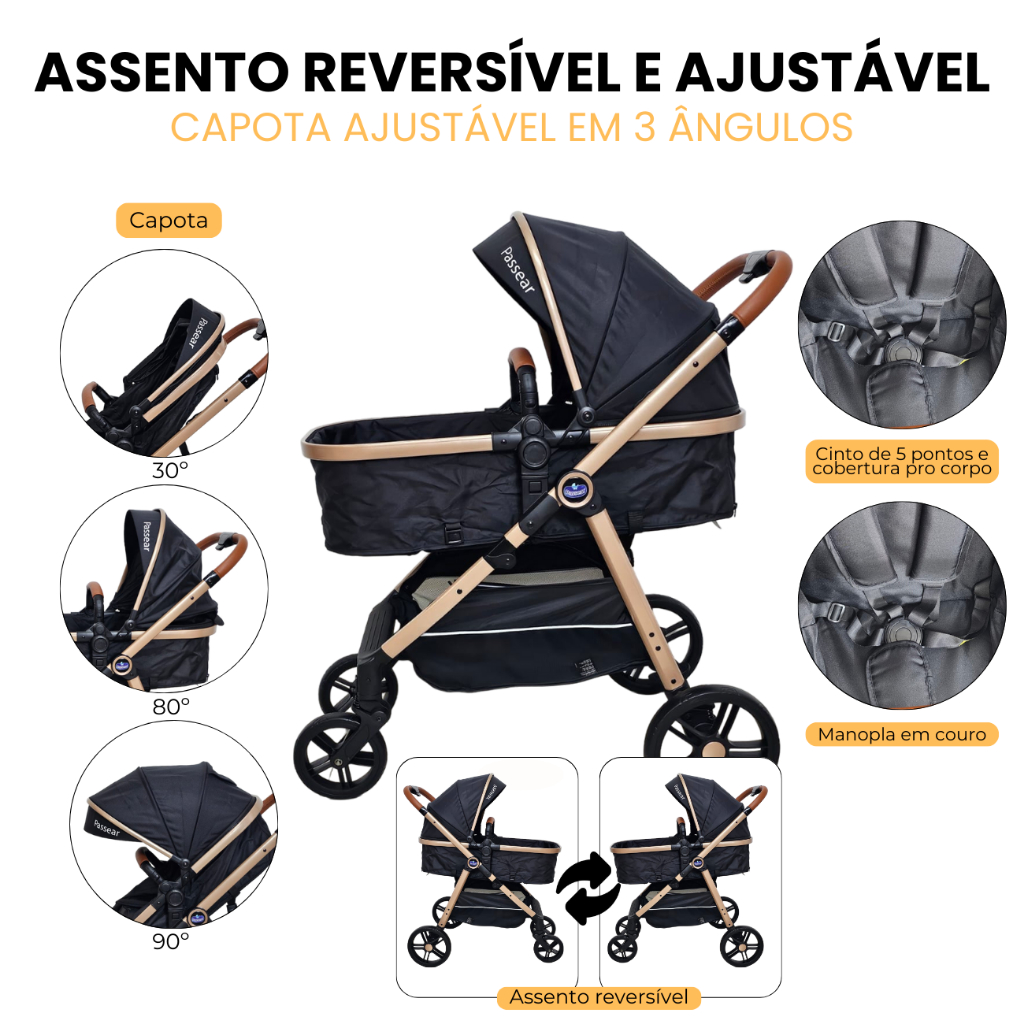CARRINHO DE BEBE APOLO 6 EM 1 PREMIUM EUROPEU COM MOISES BEBE CONFORTO E BASE FECHAMENTO COM 1 MAO