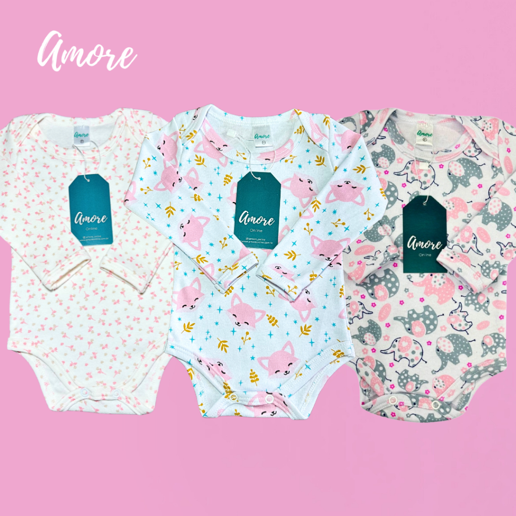 Body Manga Longa para Bebê Menina Amore 100% Algodão