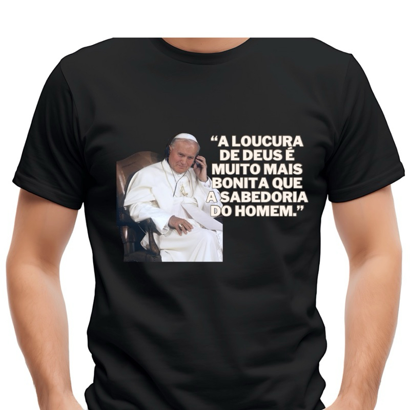 Camiseta Camisa Manga Curta T-shirt Algodão São João Paulo II A Loucura de Deus Casual Católico Asulto Infantil Plus Siz