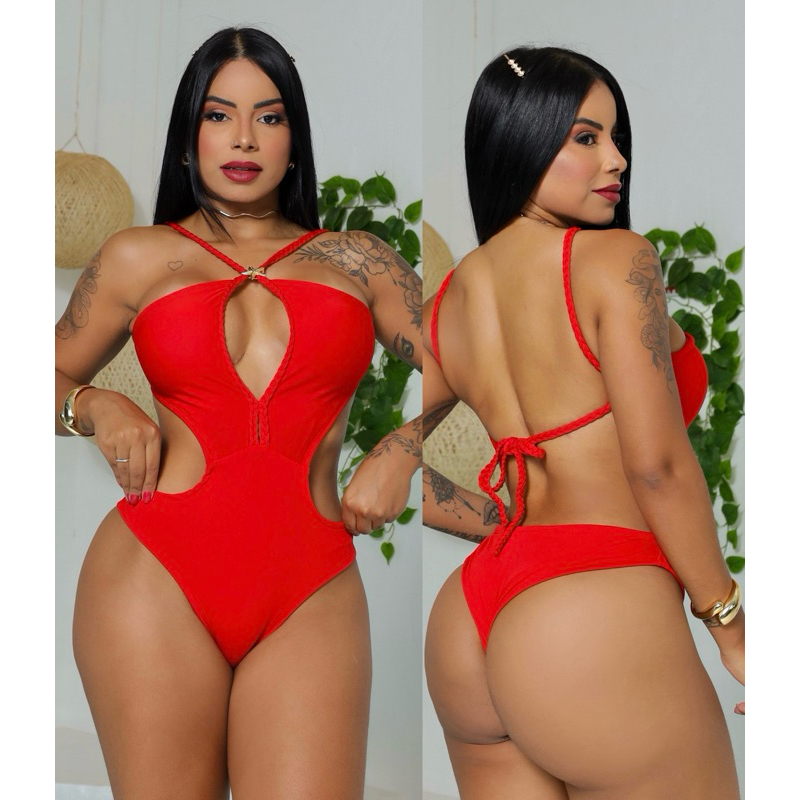 Body Maiô Bori de Banho Trançado Asa Delta Decotado Maio Feminino Bojo Removivel