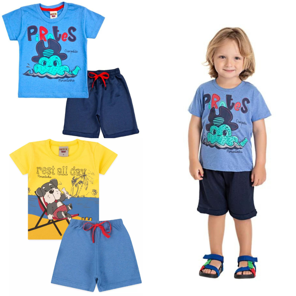 Kit 2 Conjunto Infantil Menino 2 Camisetas + 2 Bermudas Infantil Masculino Sortidos