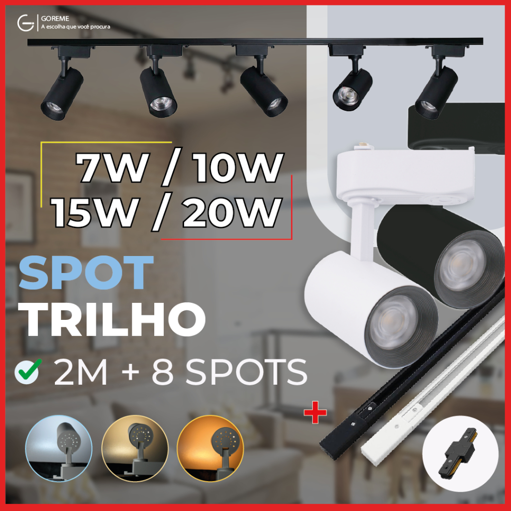 2M Trilho + 8 Spot LED 20W 15W 10W 7W Eletrificado + Trilho + Conector Preto e Branco Luz Fria, Neutra e Quente Bivolt - Home & Living