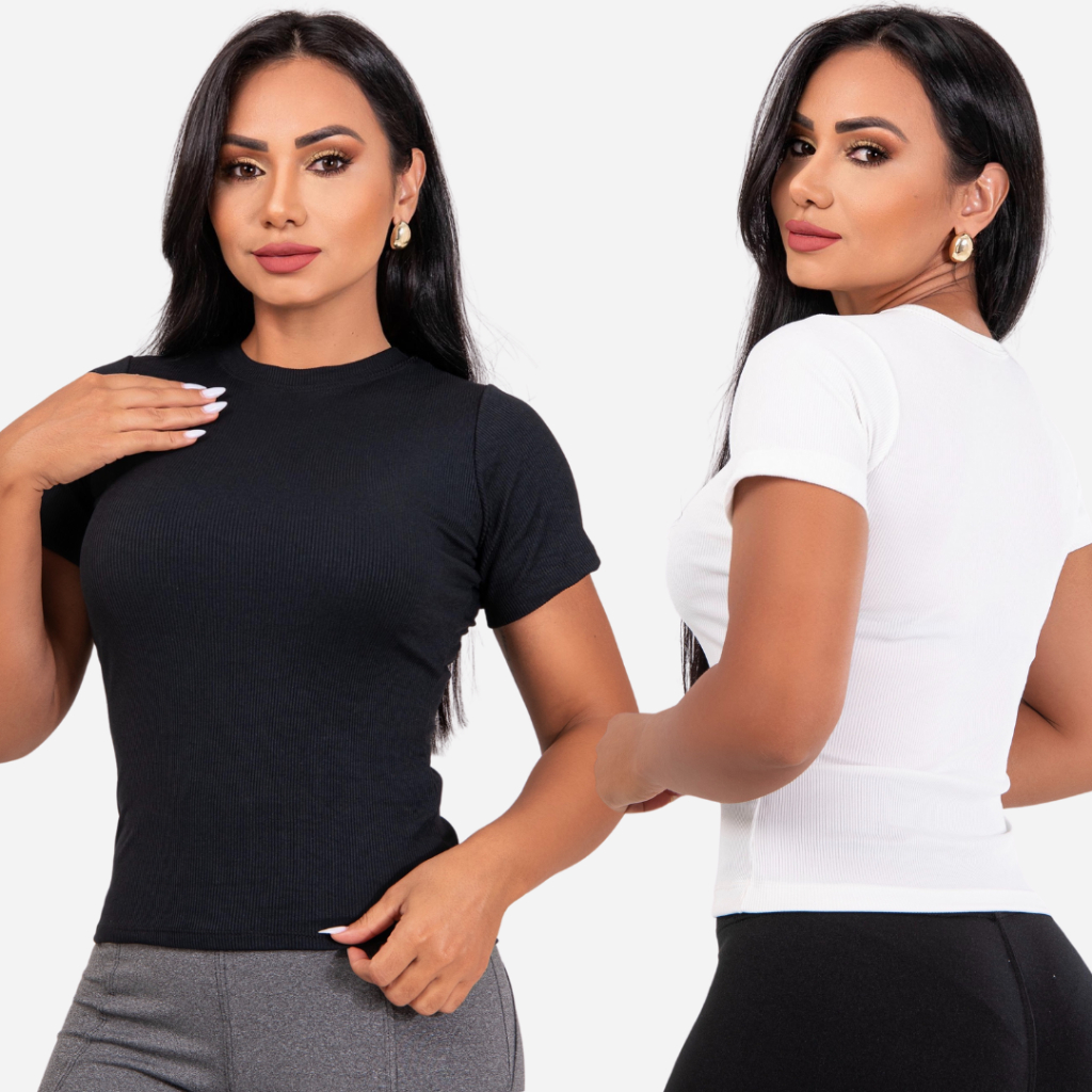 Kit 2 Blusas Feminina Canelada Básica Gola Redonda Casual Confortável e Elegante