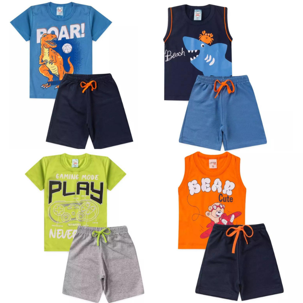 Kit 3 Conjunto Infantil Menino 3 Camisetas + 3 Bermudas Infantil Masculino Sortidos