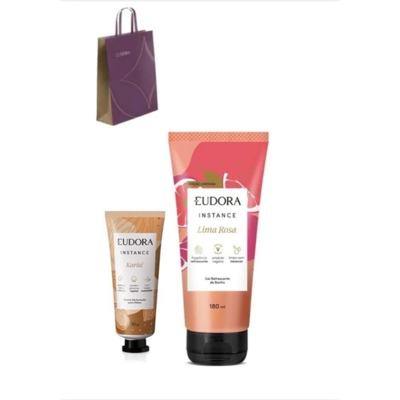 presente eudora frutas vermelhas ;gel refrescante de banho 180 ml + creme  para mão  30g +sacola