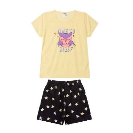 Pijama Menina Juvenil Manga Curta Estampado e Liso Baby Look Roupa De Dormir Criança Conforto Feminino - Poliviscose