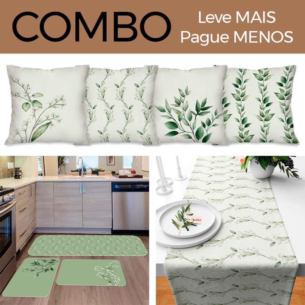 COMBO DECORAÇÃO: Kit com 4 Capas para Almofadas + Kit com 3 Tapetes para Cozinha + Trilho de Mesa 05 em Oferta na Shopee