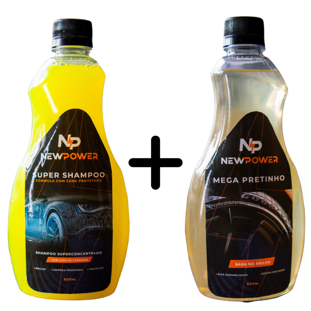 Shampoo Automotivo com PH Neutro para carros e motos + Mega Pretinho para Pneus 500ml cada New Power em Oferta na Shopee