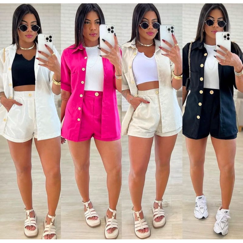 Conjunto Linho Blazer Botões e Short Casual em Oferta na Shopee