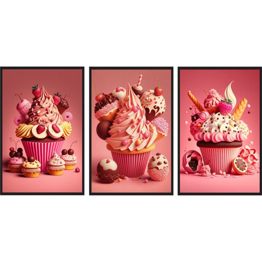 quadros decorativos para padaria confeitaria doces cupcake rosa doces 3 peças
