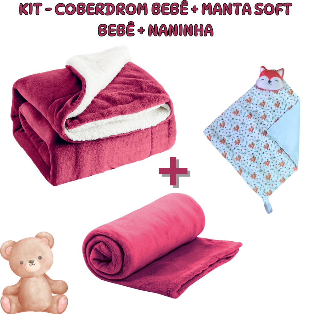 Kit 3 Itens para bebê - Coberdrom + Manta soft + Naninha