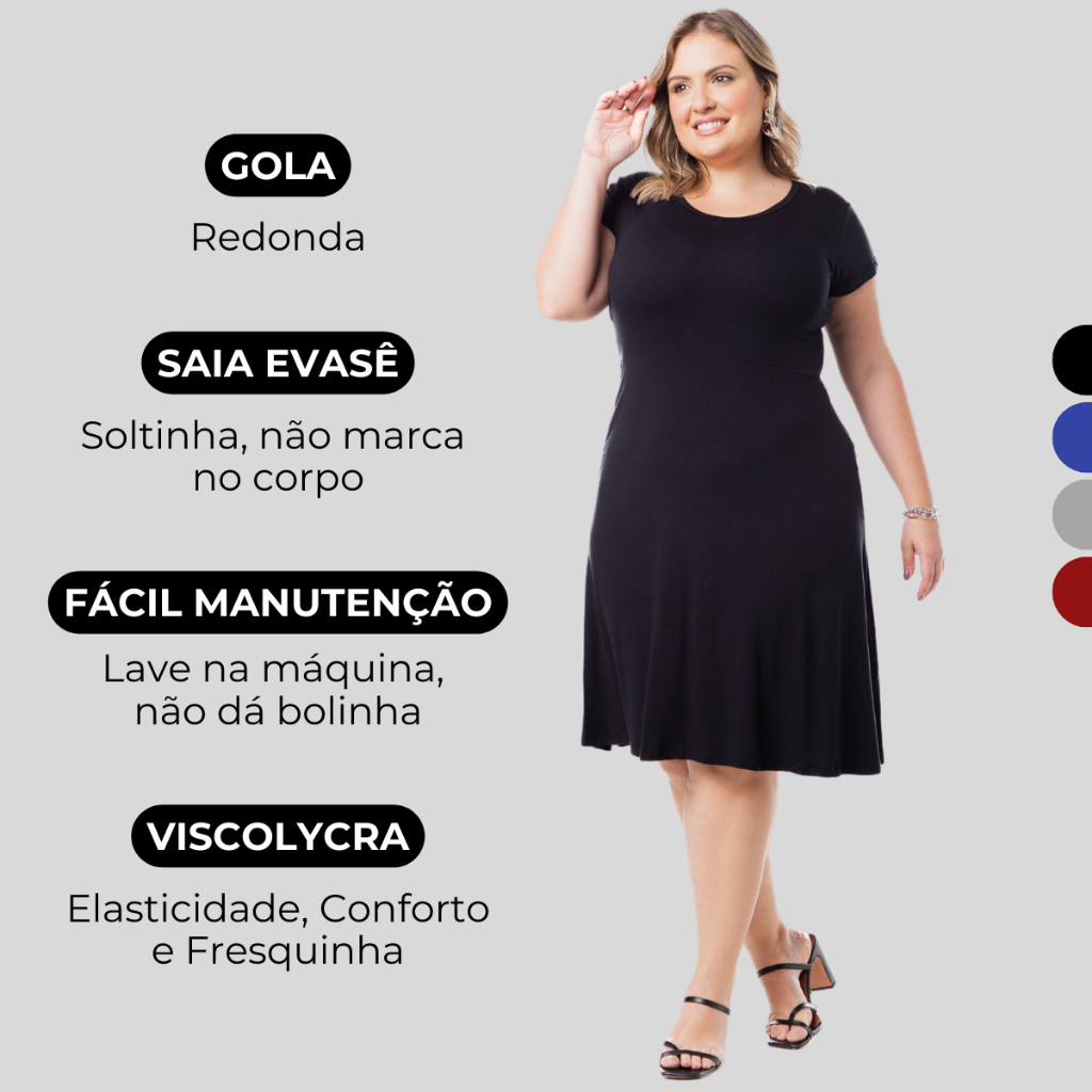 Vestido Plus Size Liso Básico de Malha Viscolycra 1146-D
