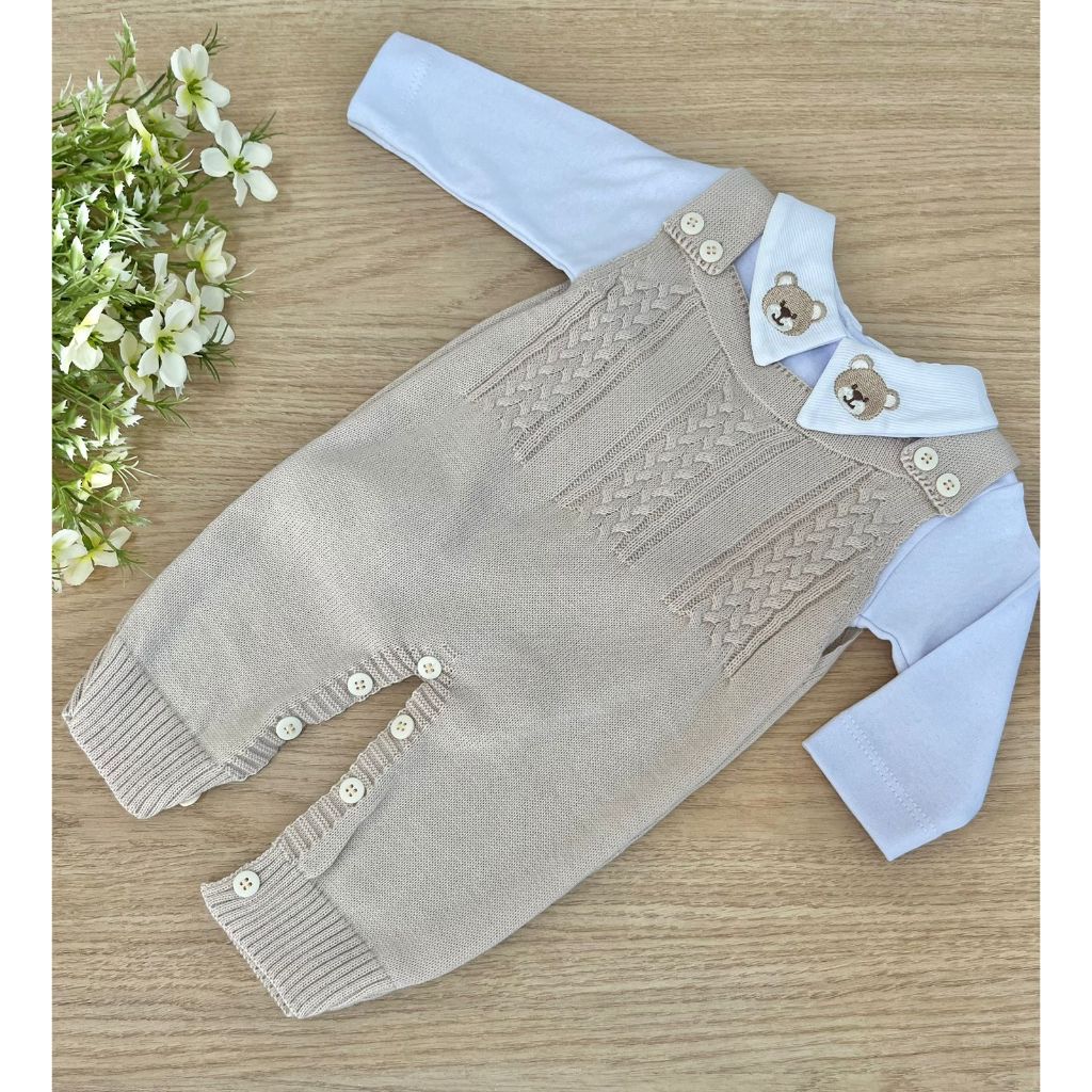 Saída de Maternidade Menino Jardineira Bege Urso Tricot 2 Peças