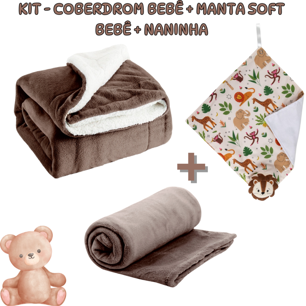 Kit 3 Itens Bebê - Coberdrom Sherpa + Manta Soft + Naninha Para Berço em Oferta na Shopee
