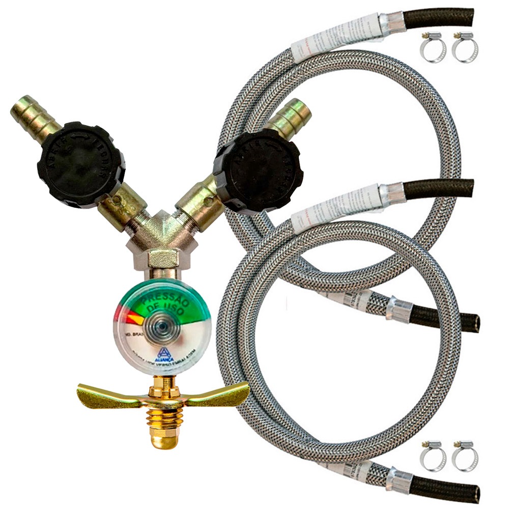 Registro De Gás para Alta Pressão Duplo 2 Saídas Com Manômetro + 2 Mangueiras Malha de Aço em Oferta na Shopee