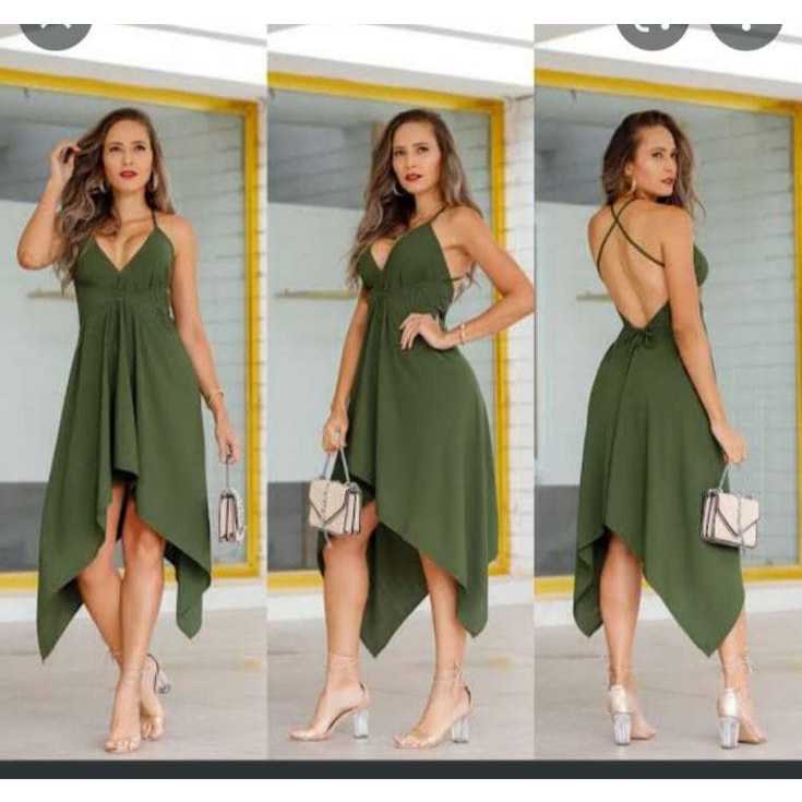 Vestido Envelope  Casual Alcinha  Costa Nua Sem Bojo  Soltinho Com Bicos Nas Laterais