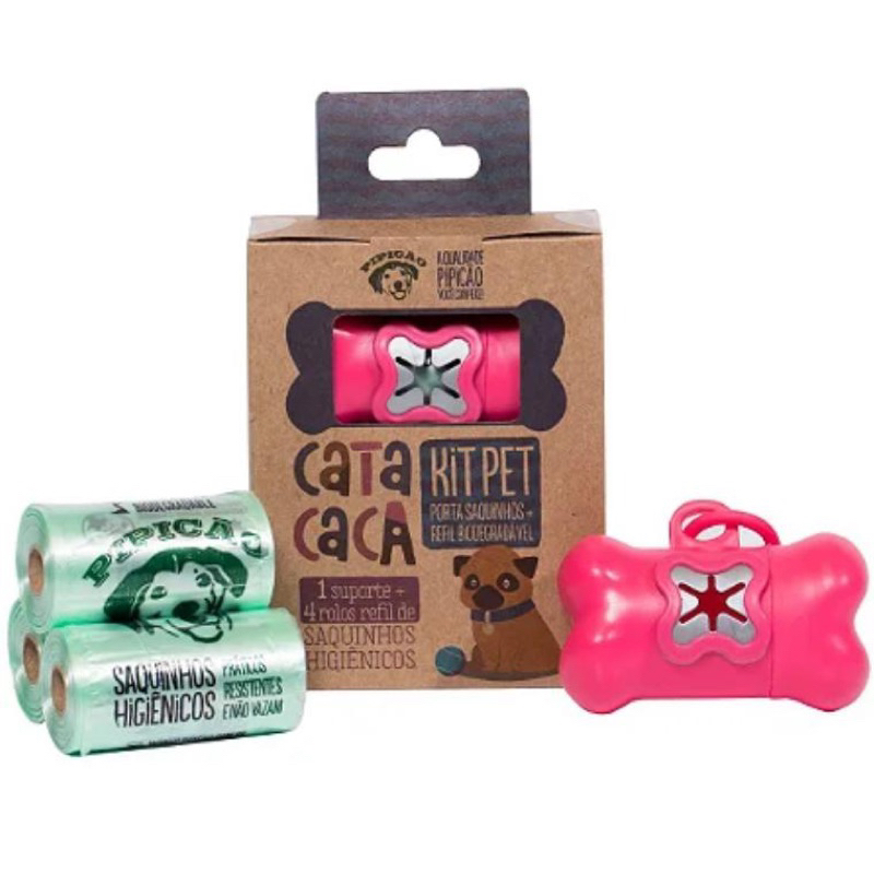 Kit Pet Higiênico Porta Cata Caca ROSA Com  01 Suporte + 4 Rolos de Refis Saquinhos