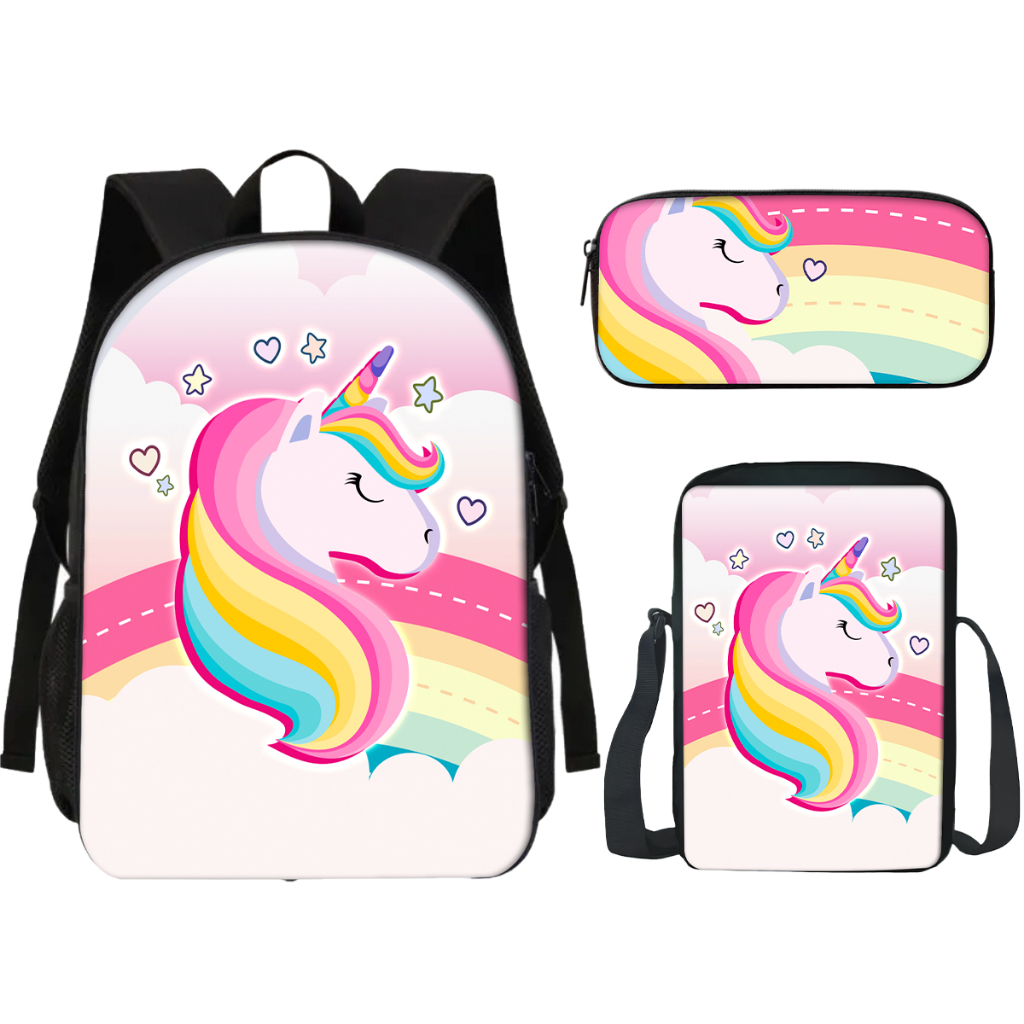 Kit Mochila Escolar com Estojo e Lancheira Unicórnio Arco Íris Volta as Aulas