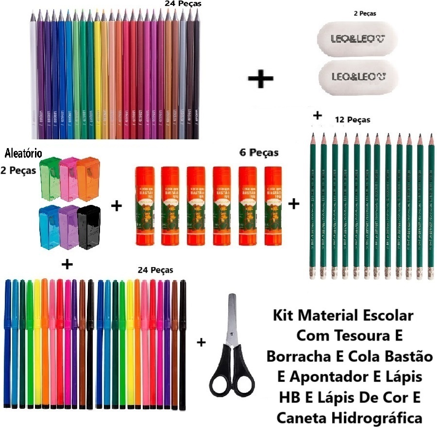 Kit Material Escolar Com Borracha E Cola Bastão E Tesoura E Apontador E Caneta Hidrográfica