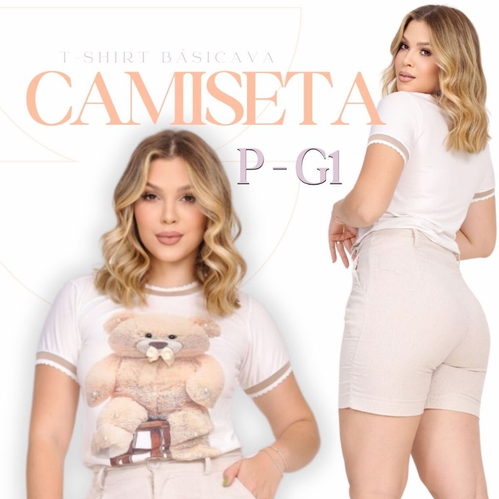 T-Shirt Branca Feminina Ursinho Delicada Camiseta Estampada Leve Elastano Moda Casual Confortável