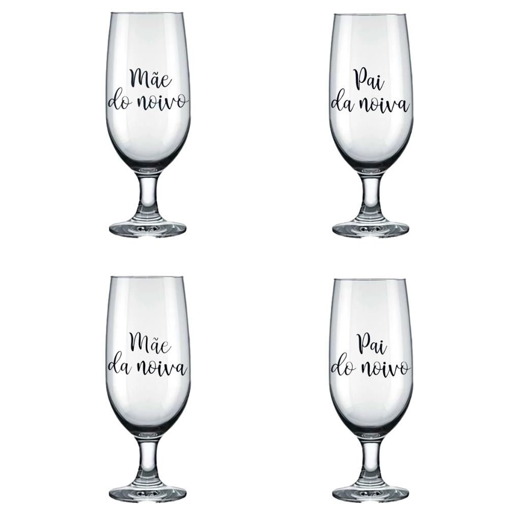 Kit De 4 Taças De 300ml De Vidro Decorado Mãe E Pai Da Noiva E Noivo Para Casamento