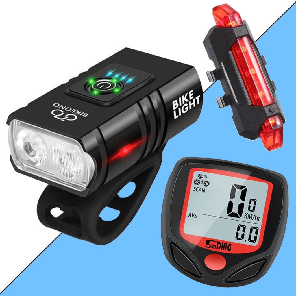 Lanterna Farol Com Visor 2 Led Usb Recarregável + Velocímetro Com Fio + Sinalizador Traseiro