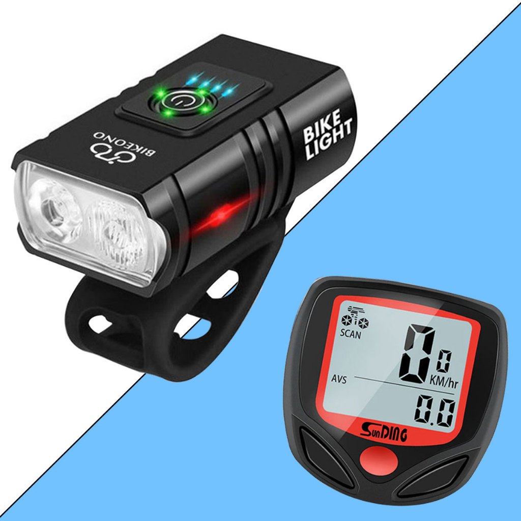 Velocímetro Com Fio + Lanterna Farol Com Visor 2 Led 350 Lúmens Para Bike Usb Led