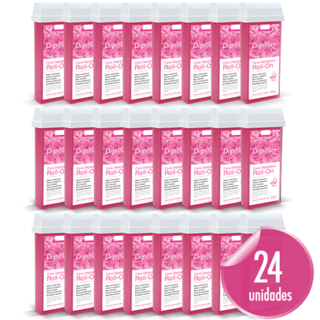 Kit Cera Depilatória Corporal Roll On Refil Rosa Pack 24 Unidades Depilflax 100g