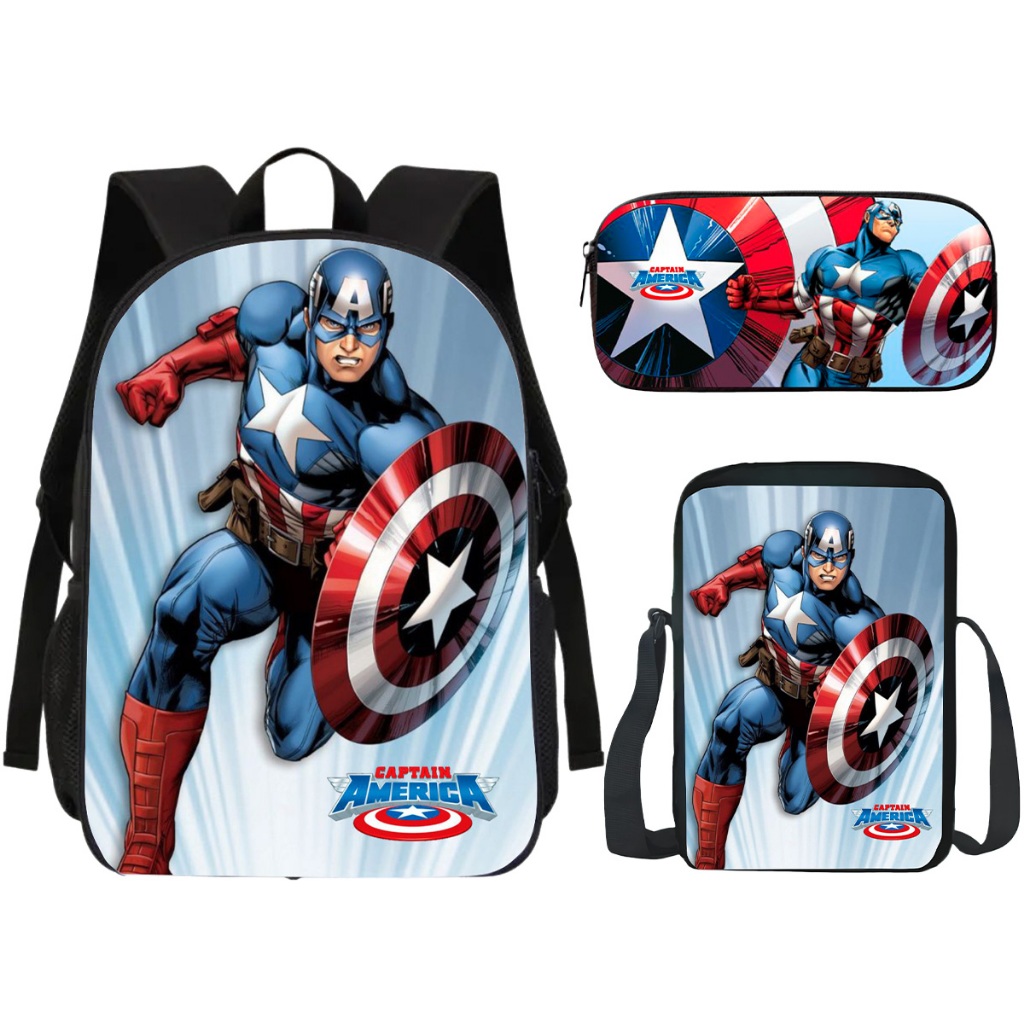 Kit Mochila Escolar Com Estojo E Lancheira Volta as Aulas Infantil Herói Americano Capitão