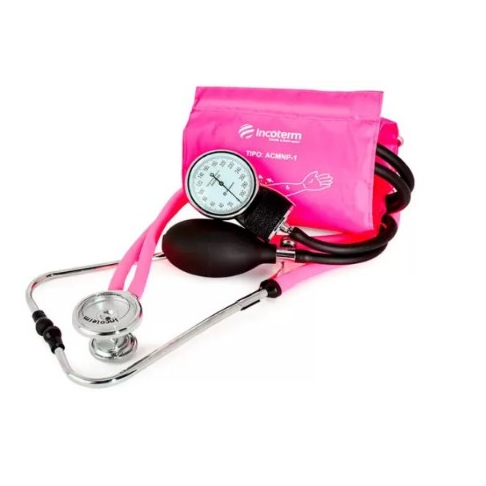 Kit Estagio  Esfigmomanômetro +  Estetoscópio Rappaport Rosa + Termômetro + Bolsa