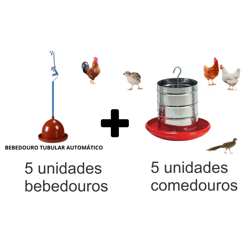 Kit 5 unidades Bebedouro Pendular Automático para Aves mais 5 unidades Comedouros para Aves, Frango, Galinha, Faisão